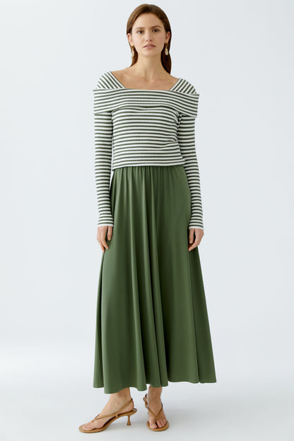 Oui Khaki/White Stripe Rib Knit Top