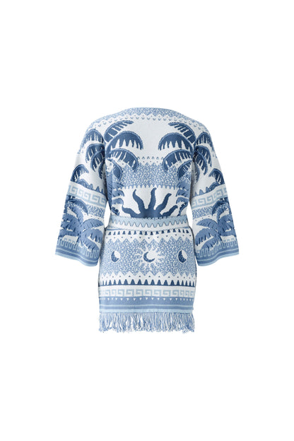 Oui Blue/White Extra Long Fringe Hem Cardigan