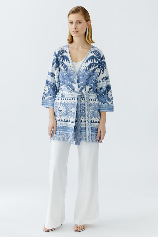 Oui Blue/White Extra Long Fringe Hem Cardigan