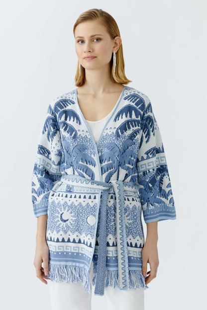 Oui Blue/White Extra Long Fringe Hem Cardigan