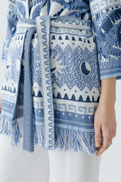 Oui Blue/White Extra Long Fringe Hem Cardigan