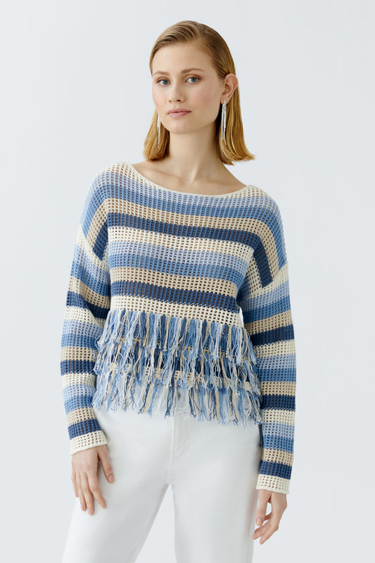 Oui Blue Stripe Fringe Jumper