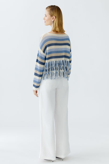 Oui Blue Stripe Fringe Jumper