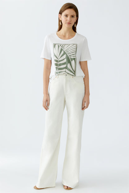 Oui Optic White Leaf Print Rhinestone T-shirt