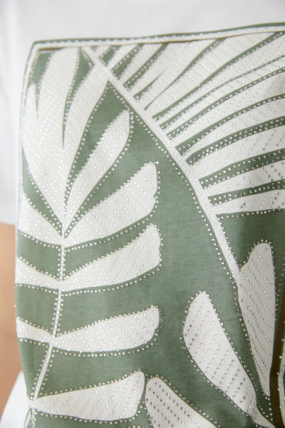 Oui Optic White Leaf Print Rhinestone T-shirt