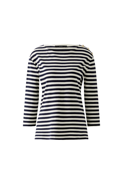 Oui White/Blue Stripe Boat Neckline Top