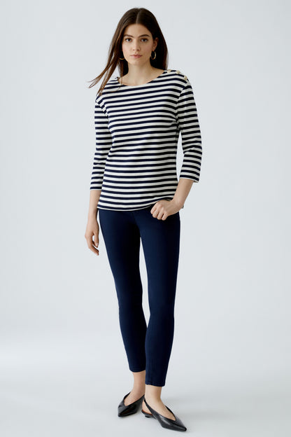 Oui White/Blue Stripe Boat Neckline Top
