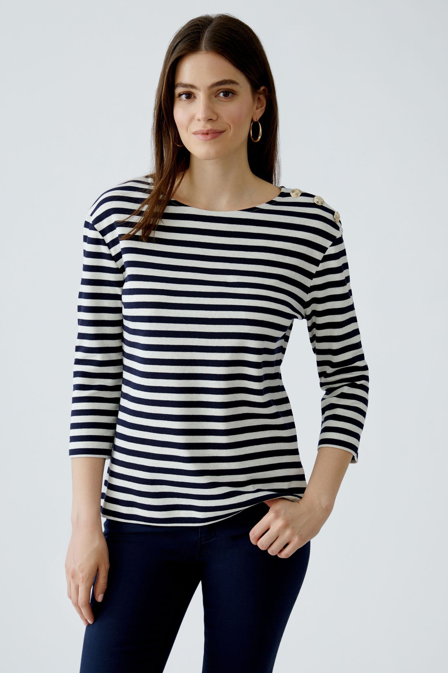 Oui White/Blue Stripe Boat Neckline Top