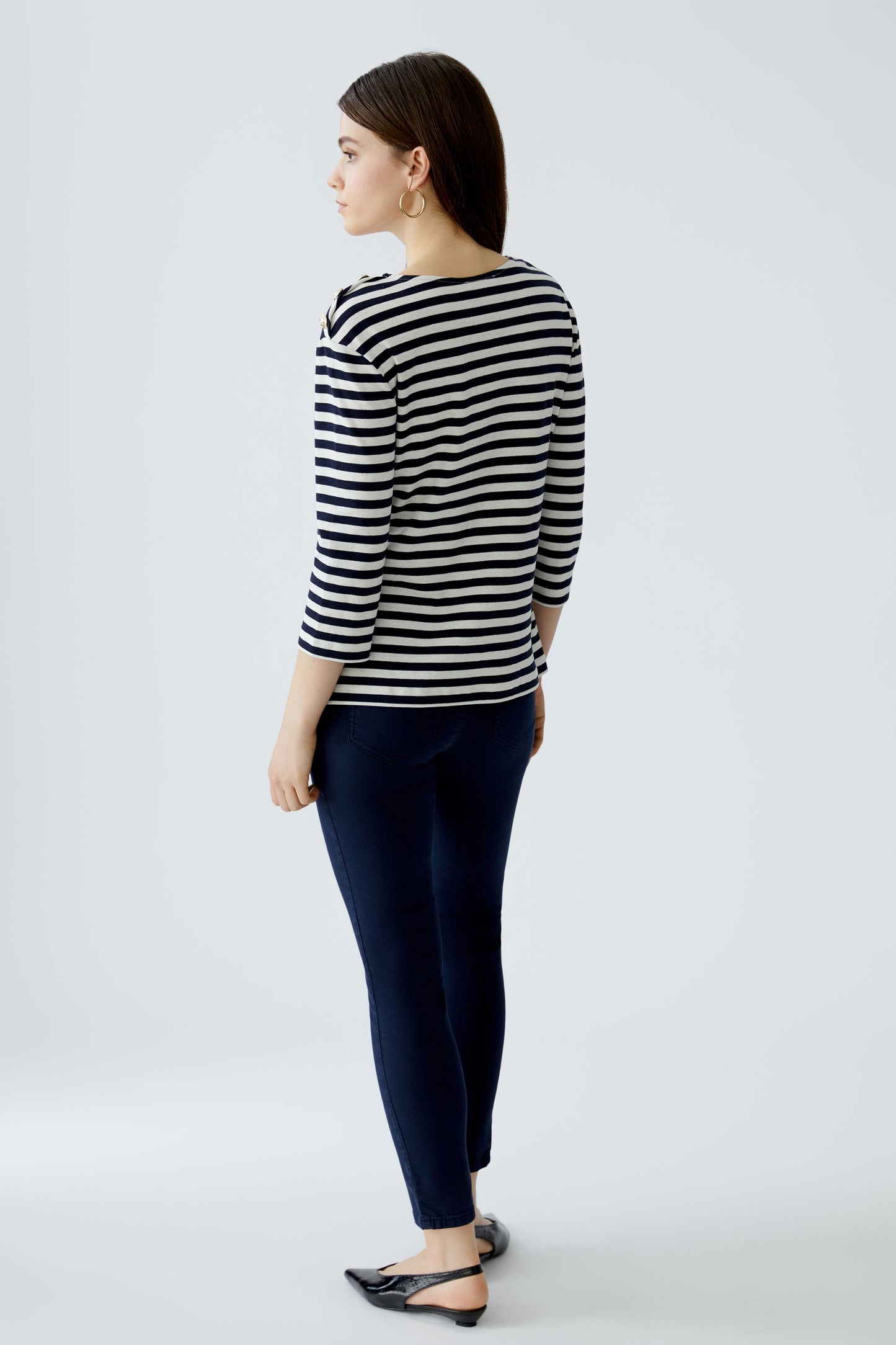 Oui White/Blue Stripe Boat Neckline Top