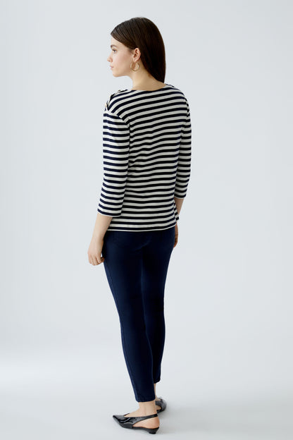 Oui White/Blue Stripe Boat Neckline Top