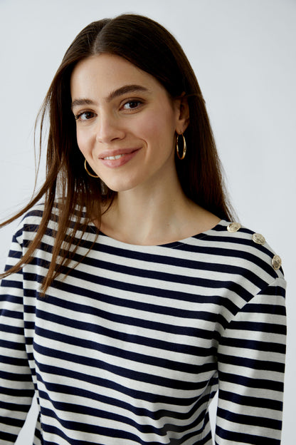 Oui White/Blue Stripe Boat Neckline Top