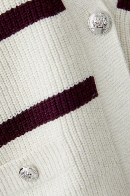 Oui Cream/Burgundy Stripe Cardigan