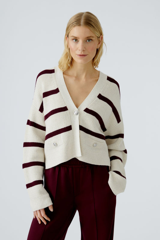 Oui Cream/Burgundy Stripe Cardigan