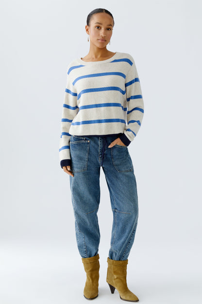 Oui Off White/Blue Stripe Drawstring Jumper'