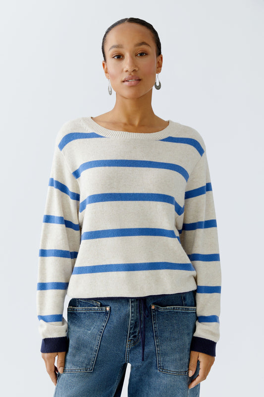 Oui Off White/Blue Stripe Drawstring Jumper'