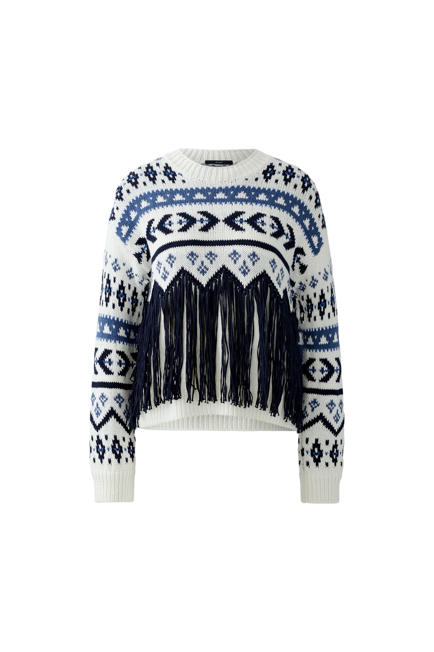 Oui White/Blue Fringe Pattern Jumper