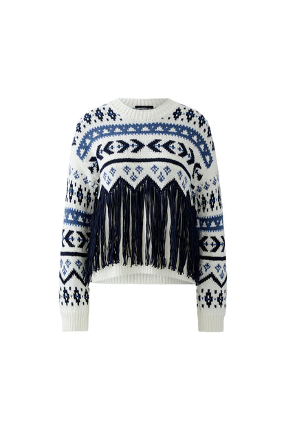 Oui White/Blue Fringe Pattern Jumper