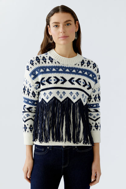 Oui White/Blue Fringe Pattern Jumper