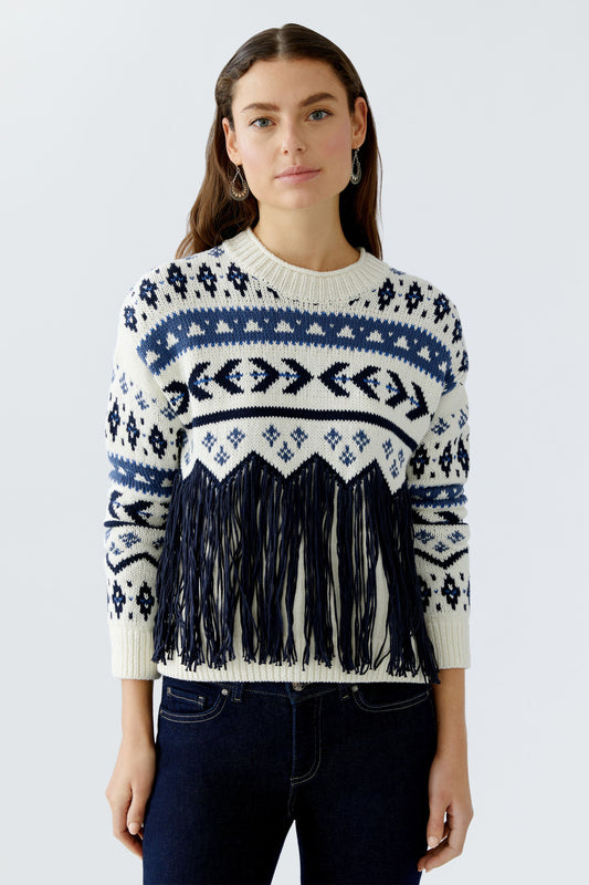 Oui White/Blue Fringe Pattern Jumper