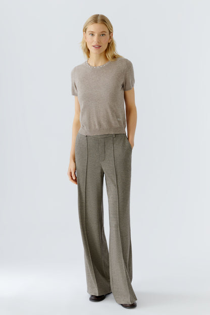 Oui Lt Stone/Grey Houndstooth Wide Leg Trouser