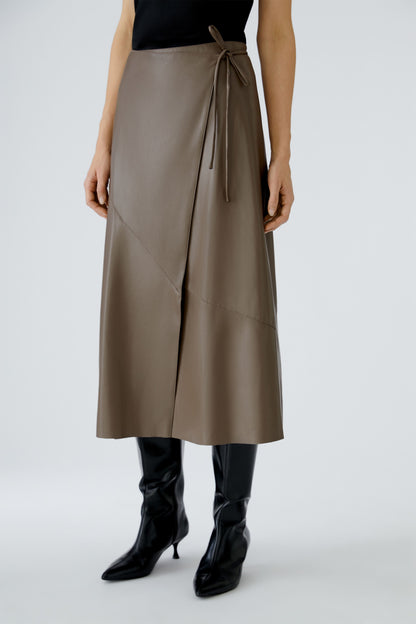 Oui Taupe Leather Look Wrap Skirt