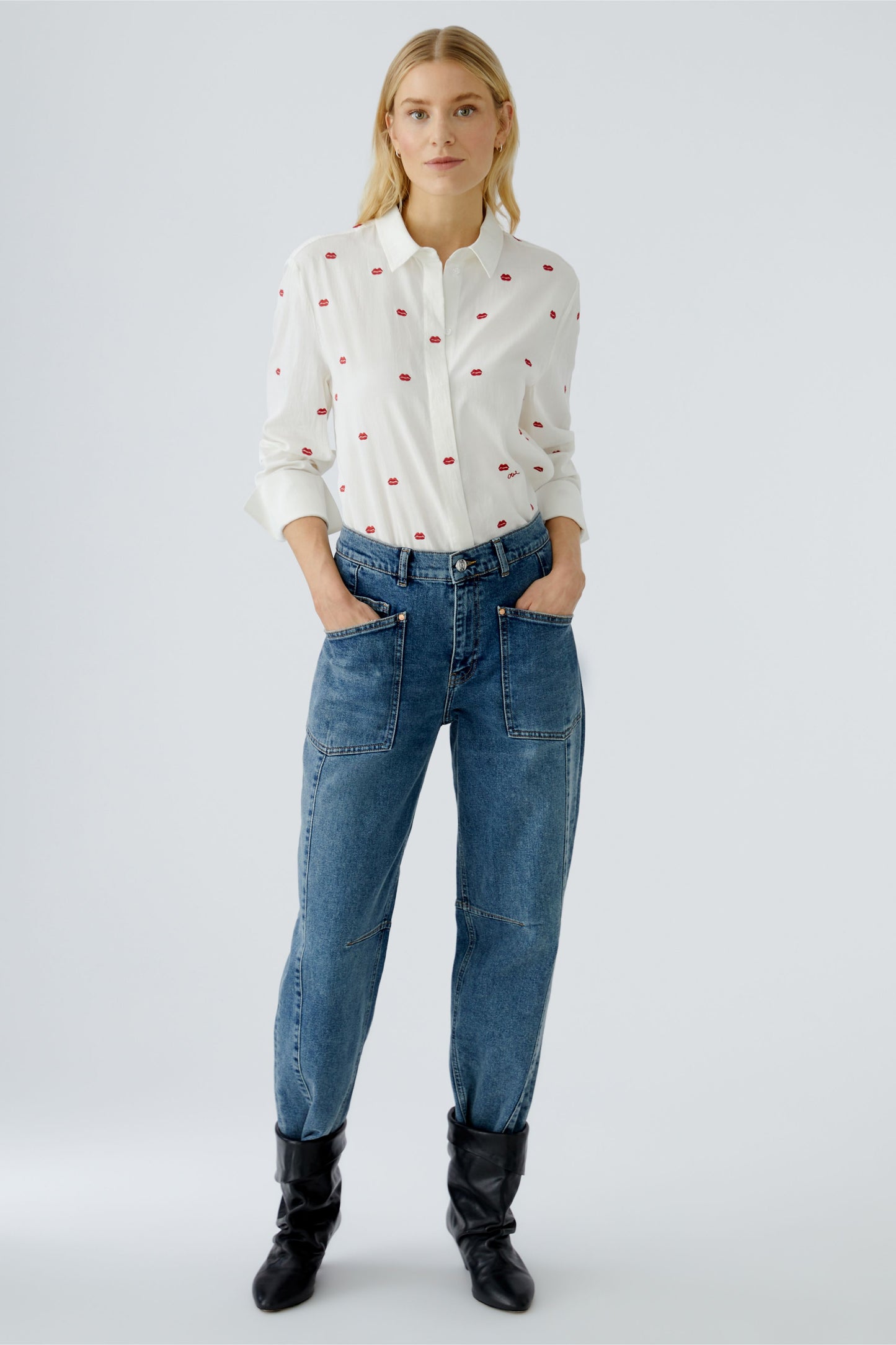 Oui White/Red Lip Motif Shirt
