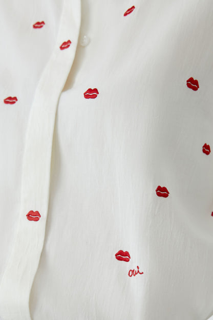 Oui White/Red Lip Motif Shirt
