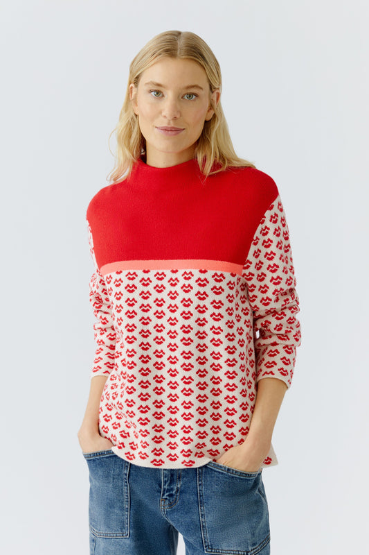 Oui Red/White/Neon Lips Motif Jumper