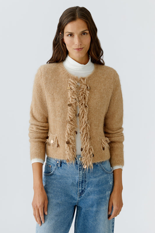 Oui Beige Melange Fringe/Sequin Cardigan