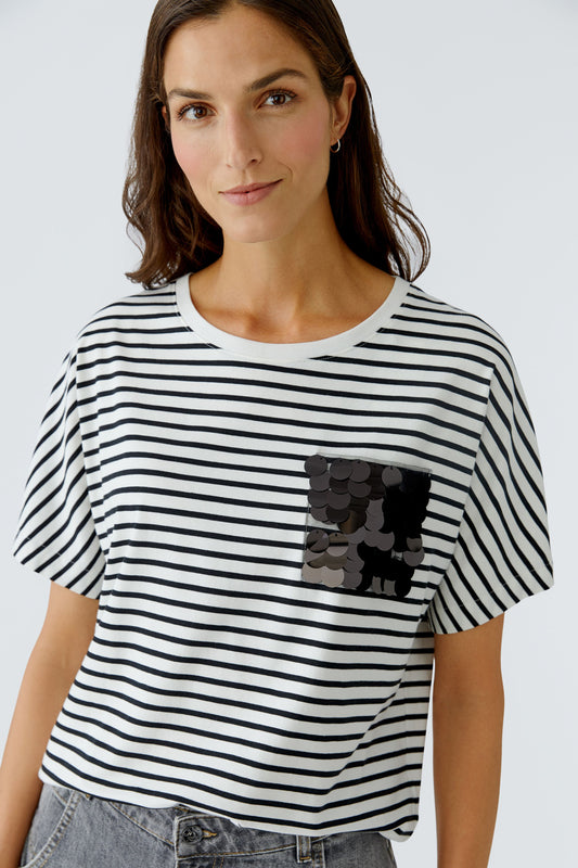 Oui White/Black Stripe T-Shirt w/Sequin Pocket