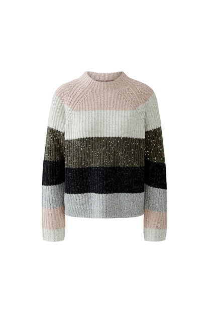Oui Khaki/Rose Sequin/Metallic Striped Jumper