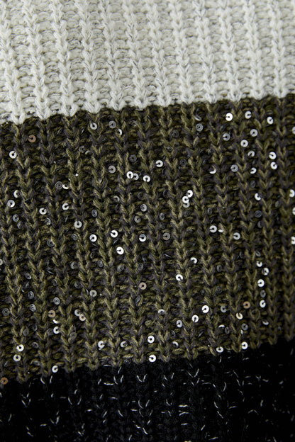 Oui Khaki/Rose Sequin/Metallic Striped Jumper