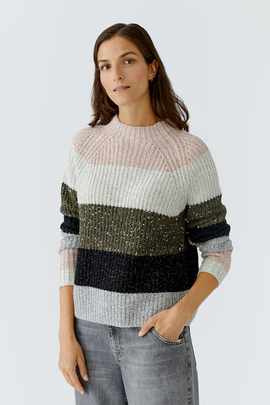 Oui Khaki/Rose Sequin/Metallic Striped Jumper