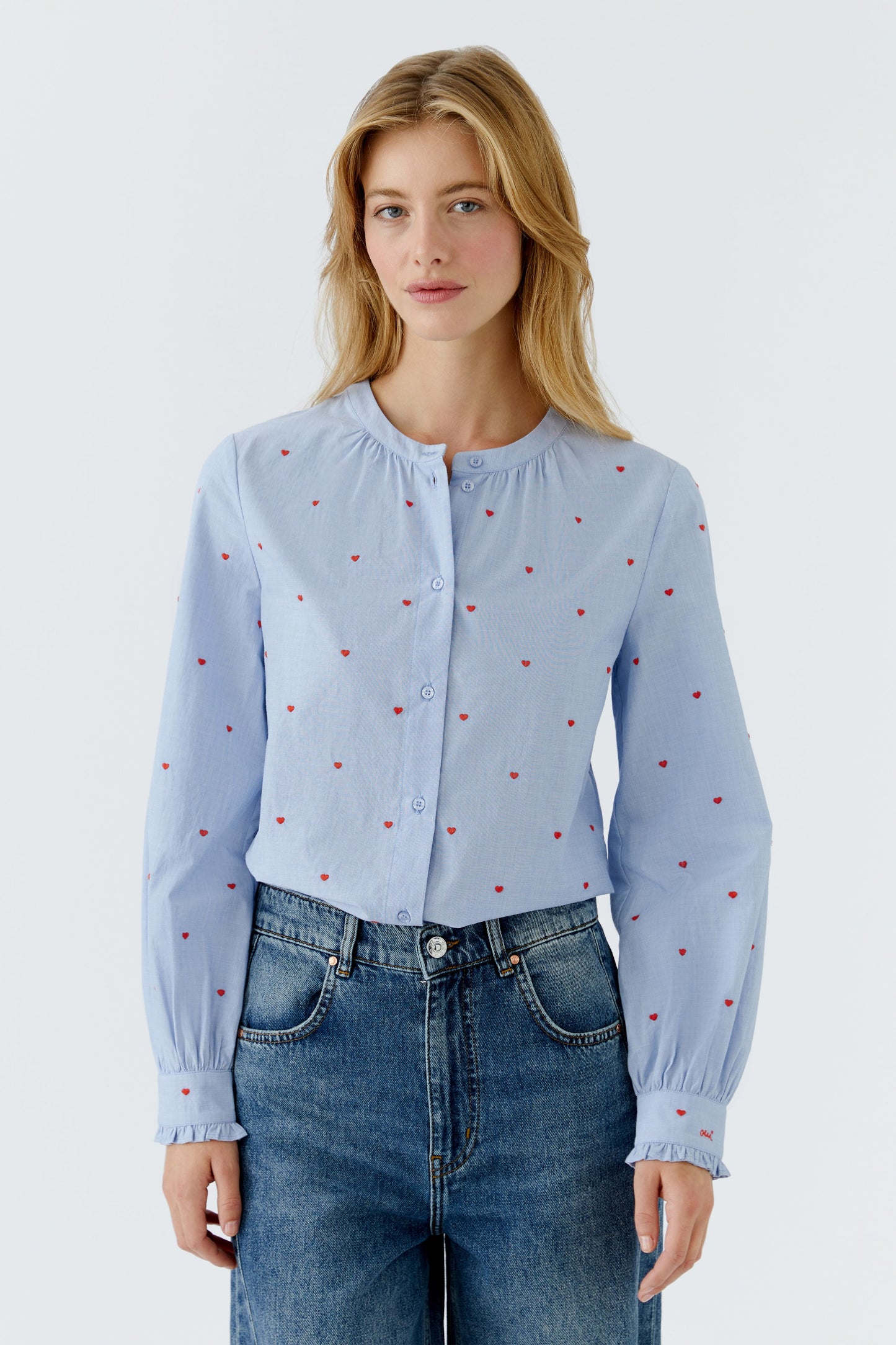 Oui Blue/Red Heart Motif Blouse