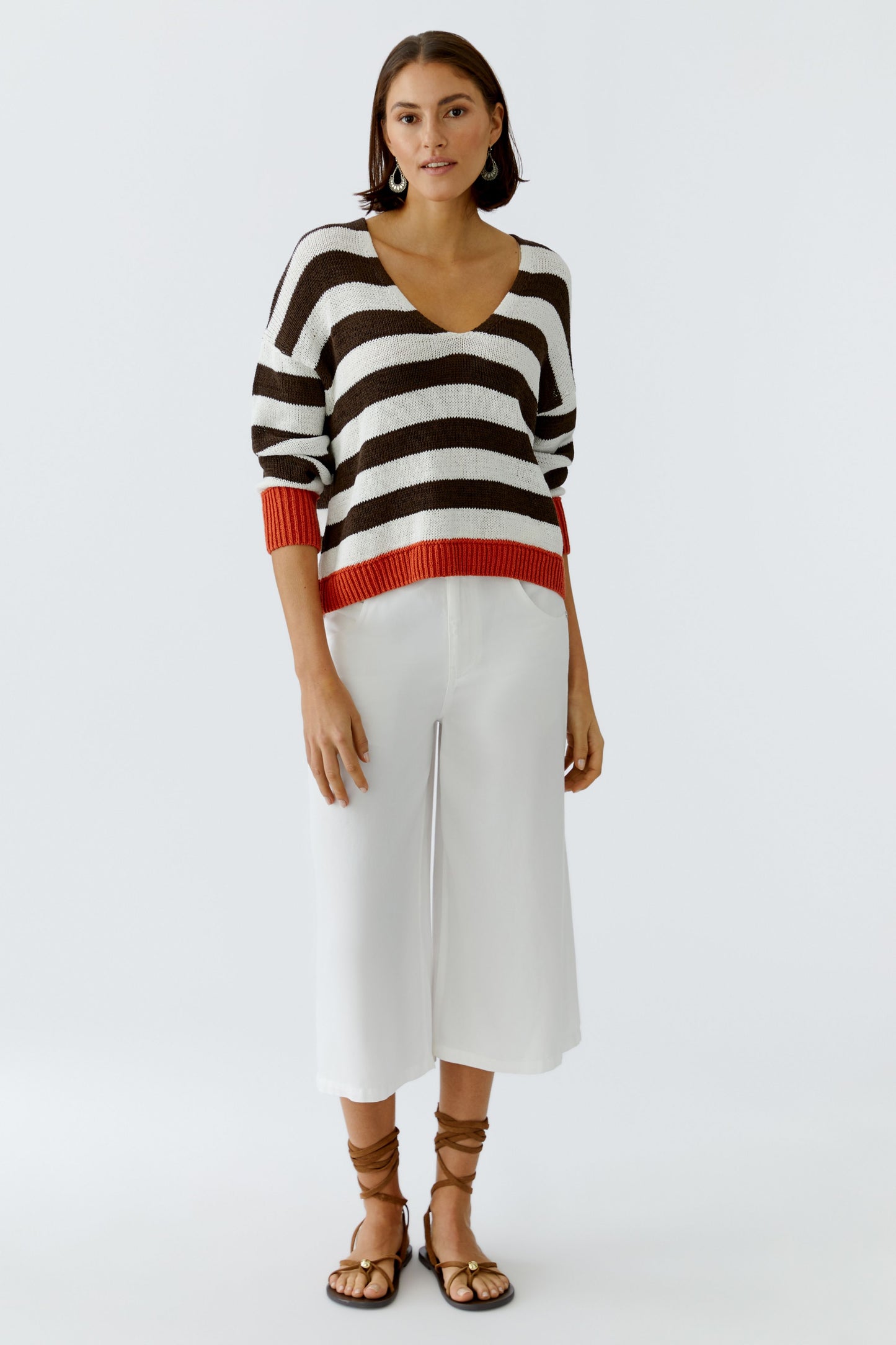 Oui White/Brown Stripe Jumper