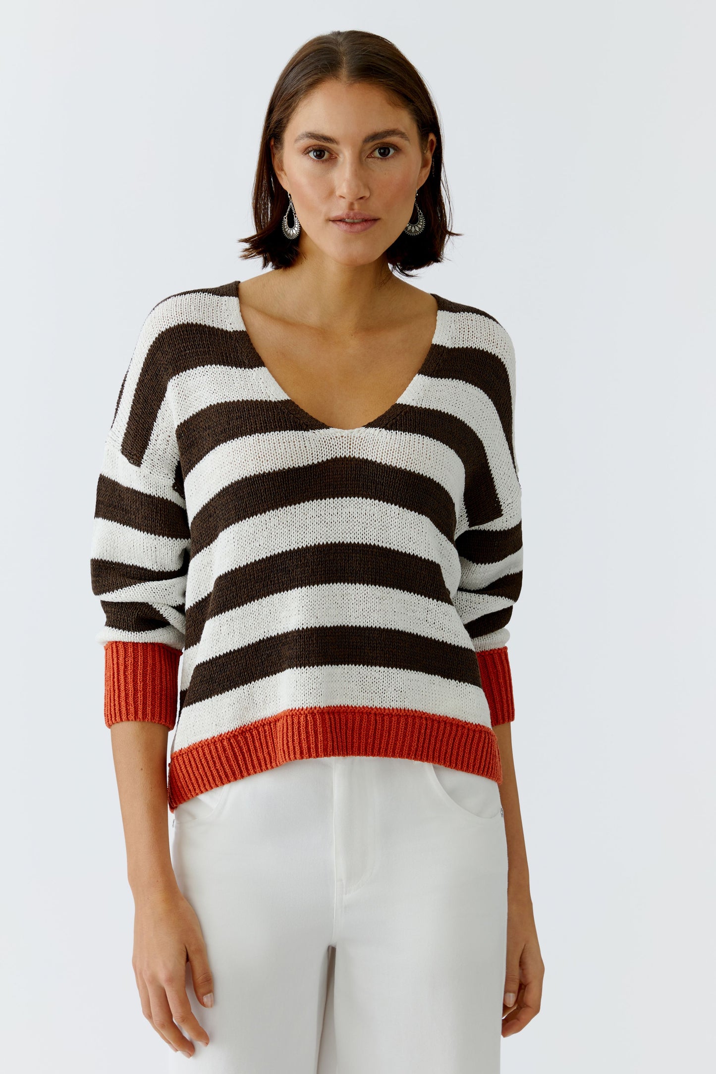 Oui White/Brown Stripe Jumper