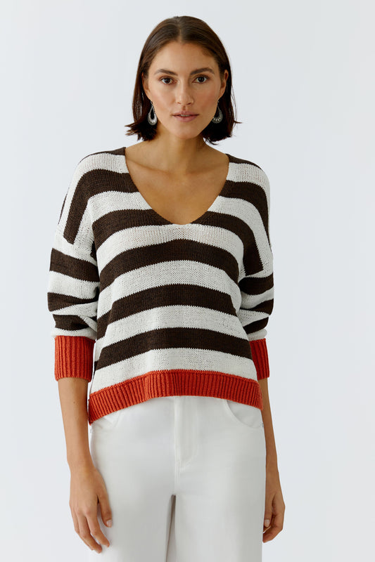 Oui White/Brown Stripe Jumper