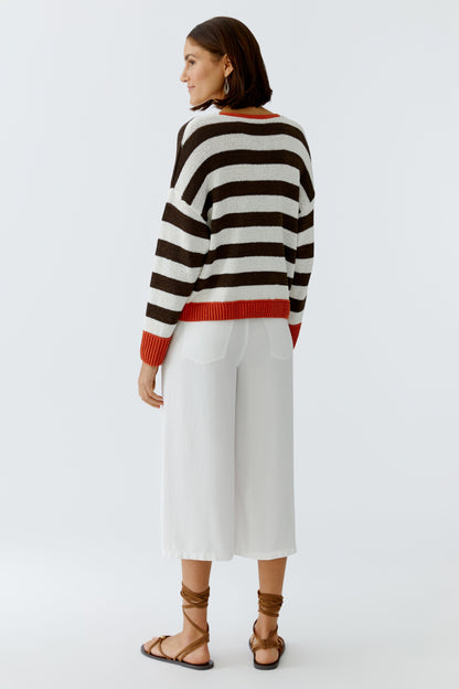 Oui White/Brown Stripe Jumper