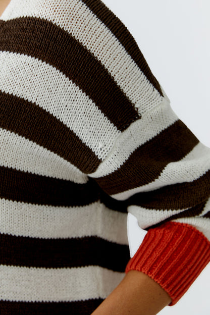 Oui White/Brown Stripe Jumper