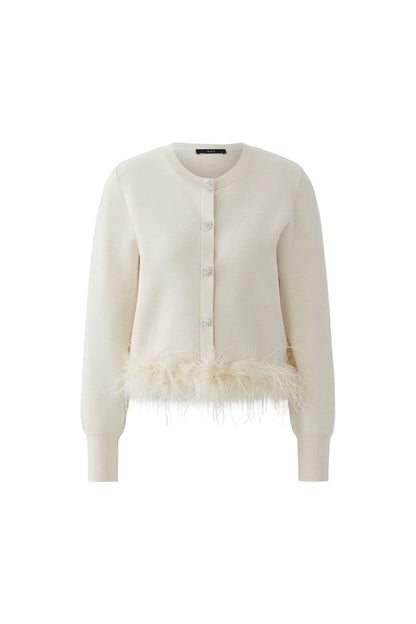 Oui Off White Cardigan w/feather trim