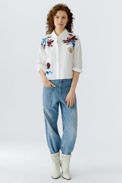Oui Optic White Sequin Flower Shirt
