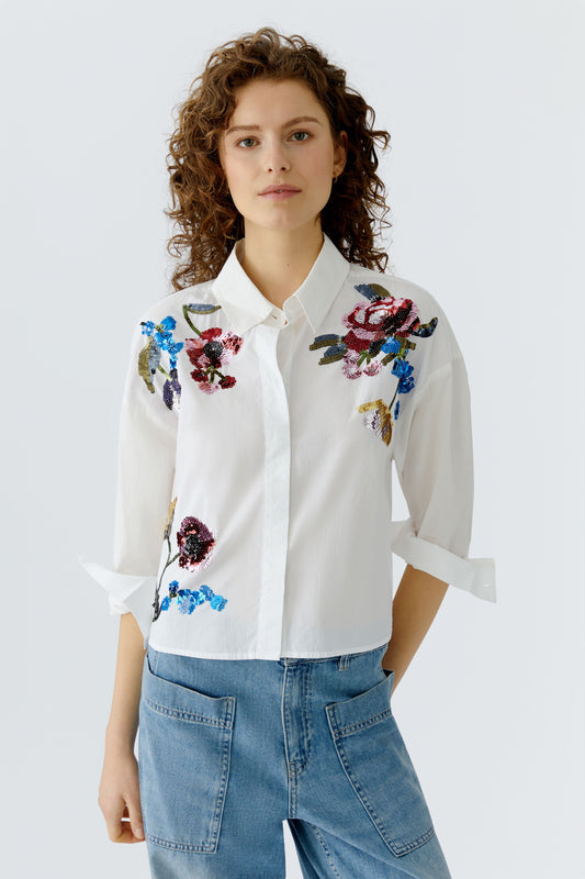 Oui Optic White Sequin Flower Shirt