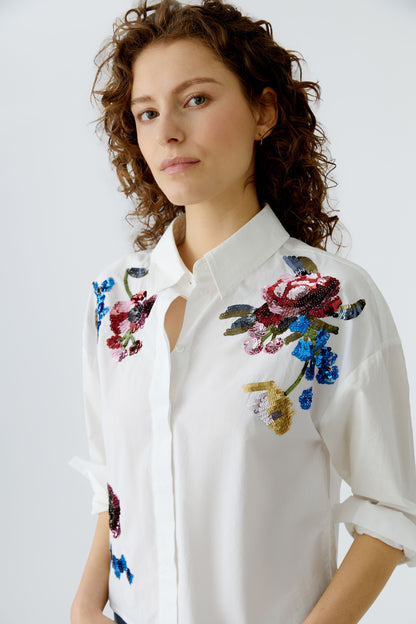 Oui Optic White Sequin Flower Shirt