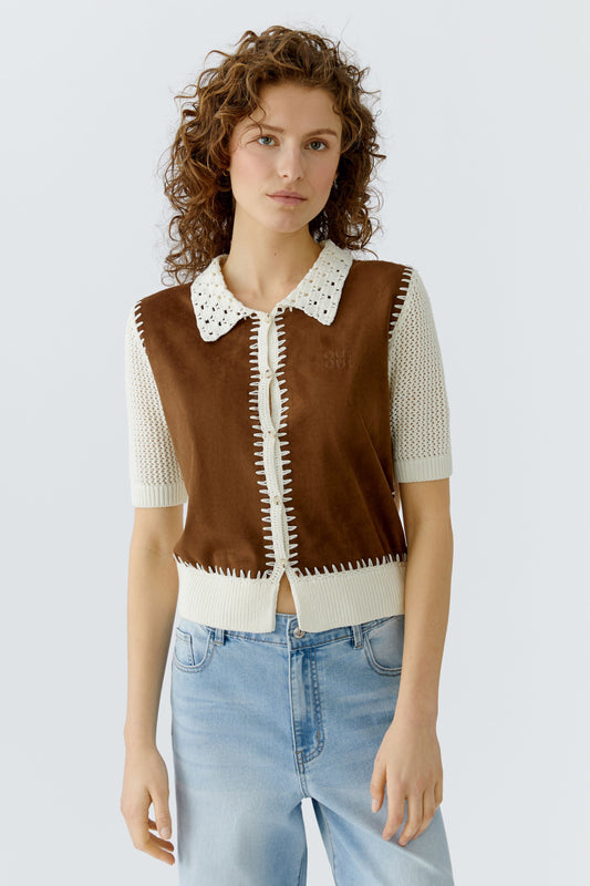 Oui White/Brown Patched Cardigan