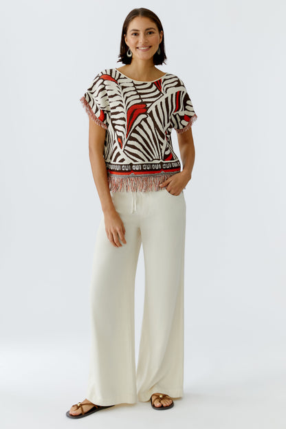 Oui Dark Brown/Off-White Fringe Jumper