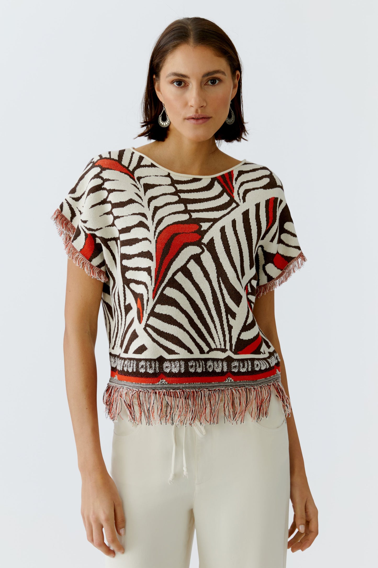 Oui Dark Brown/Off-White Fringe Jumper