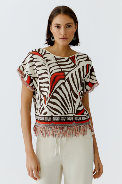 Oui Dark Brown/Off-White Fringe Jumper