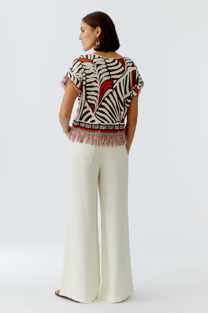 Oui Dark Brown/Off-White Fringe Jumper