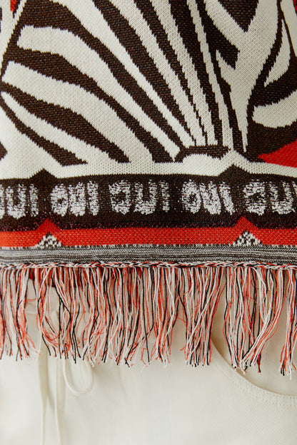 Oui Dark Brown/Off-White Fringe Jumper