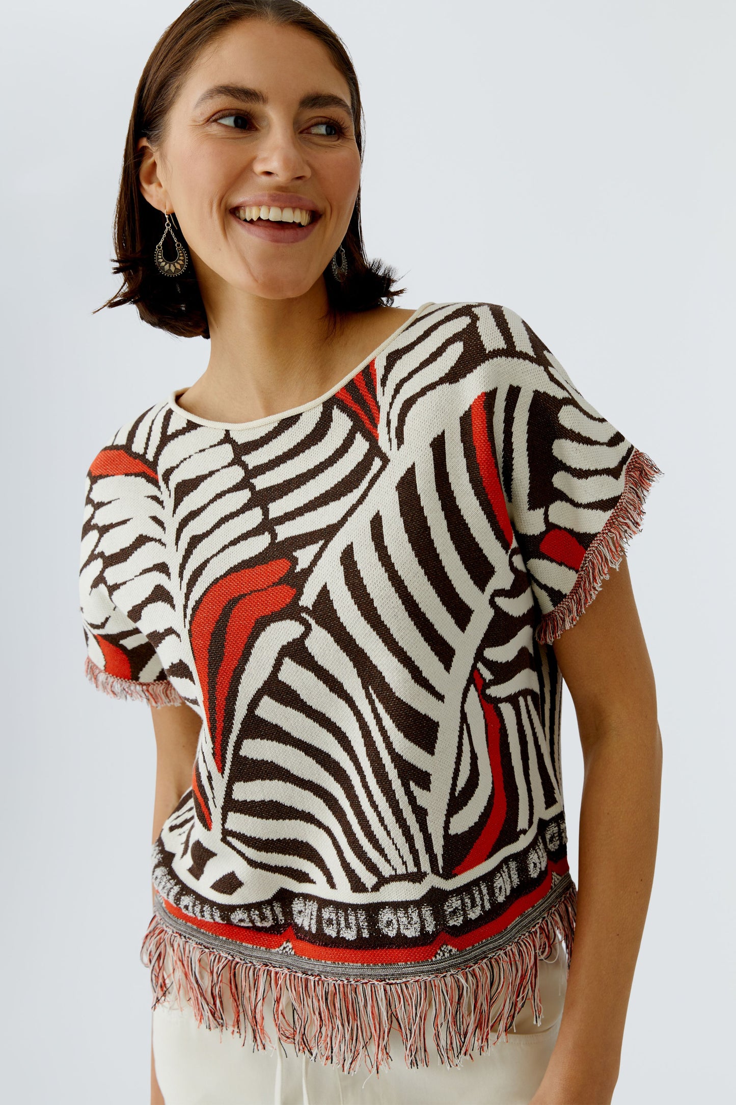 Oui Dark Brown/Off-White Fringe Jumper